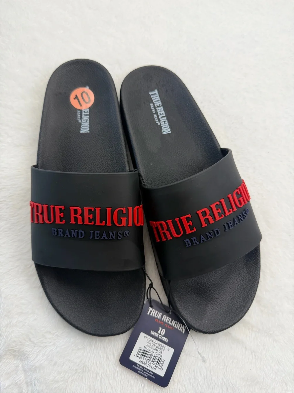 True Religion Black Slides with Red Raised Logo